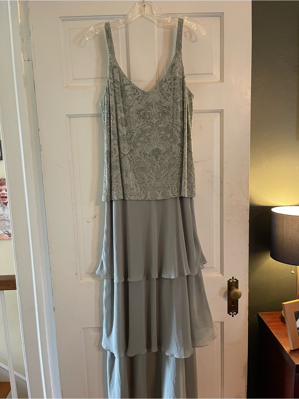 Alex Evenings Sage Tiered Maxi Dress with Lace Bodice